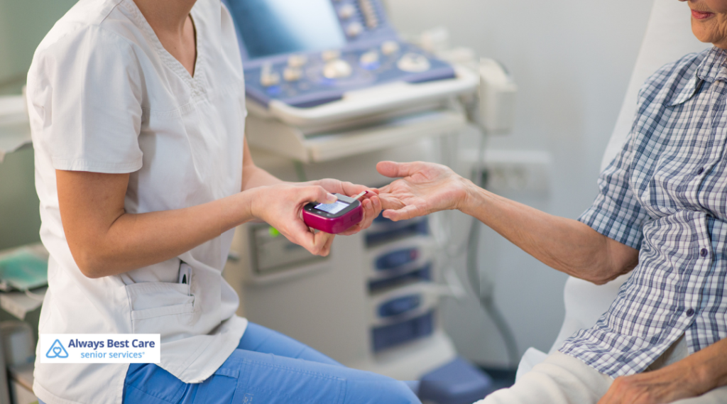 Healthcare professional using a handheld blood glucose meter to test an elderly patient's blood sugar level in a clinical setting.