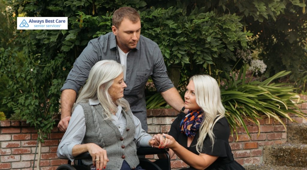 A caregiver and two family members talking with a senior woman in a wheelchair in a beautiful garden, showing care and concern. The Always Best Care logo is in the top left corner.