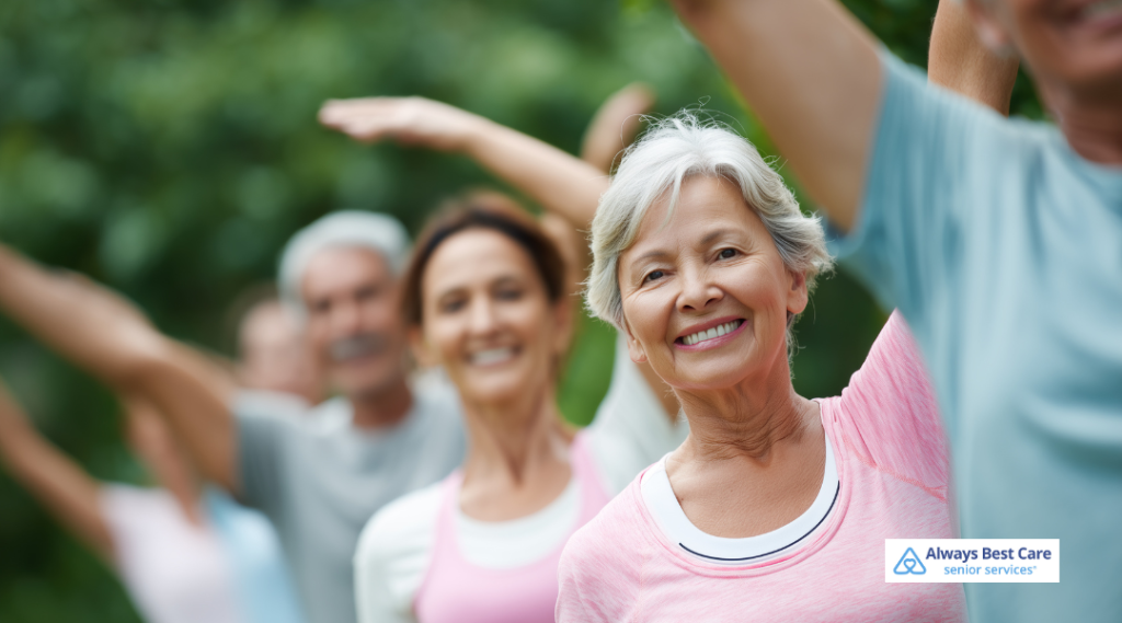 Smiling older adults participating in a light outdoor exercise class, promoting heart-healthy movement and active aging.