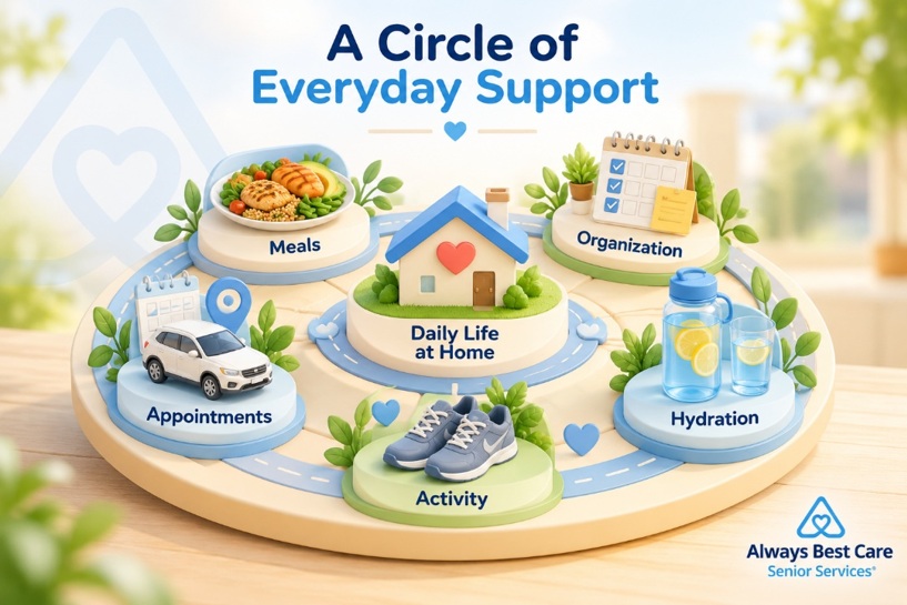 3D infographic showing meals, organization, hydration, activity, and appointments as parts of a senior's daily routine in Greater Bethlehem, PA.