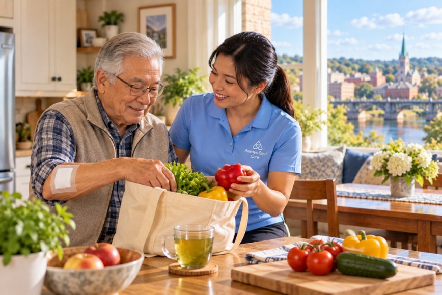 Caregiver assisting an older adult with everyday activities during wound recovery at home in Greater Bethlehem, PA.