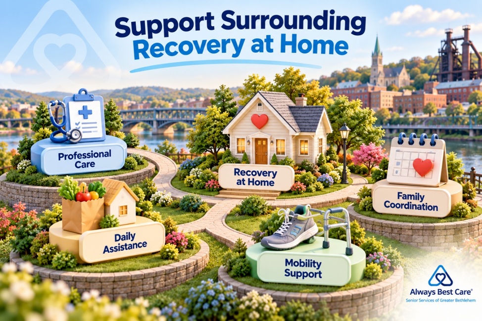 3D infographic illustrating professional care, daily assistance, mobility support, and family coordination during recovery at home in Greater Bethlehem, PA.