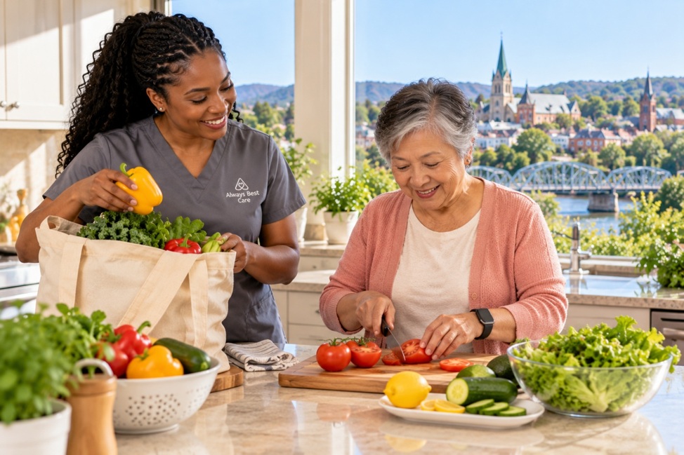Caregiver organizing fresh groceries while an older woman prepares vegetables at home in Greater Bethlehem, PA.
