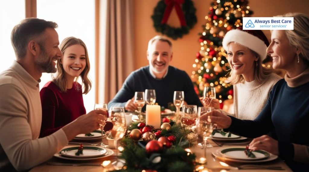 Multi-generational family enjoying a festive holiday dinner together, sharing conversation and laughter around a decorated table, highlighting togetherness and senior family support.