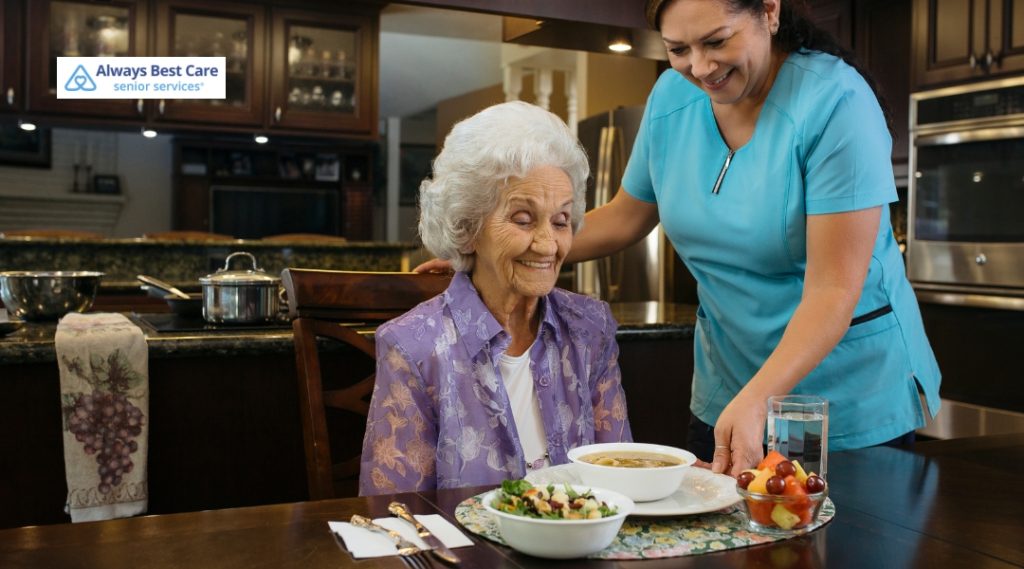 A caregiver in teal scrubs serves a meal of soup, salad, fruit, and water to a senior woman seated at a dining table in a warm, homey kitchen.