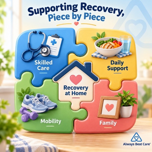 Illustrated puzzle showing different types of support during recovery at home in Cedar Valley.