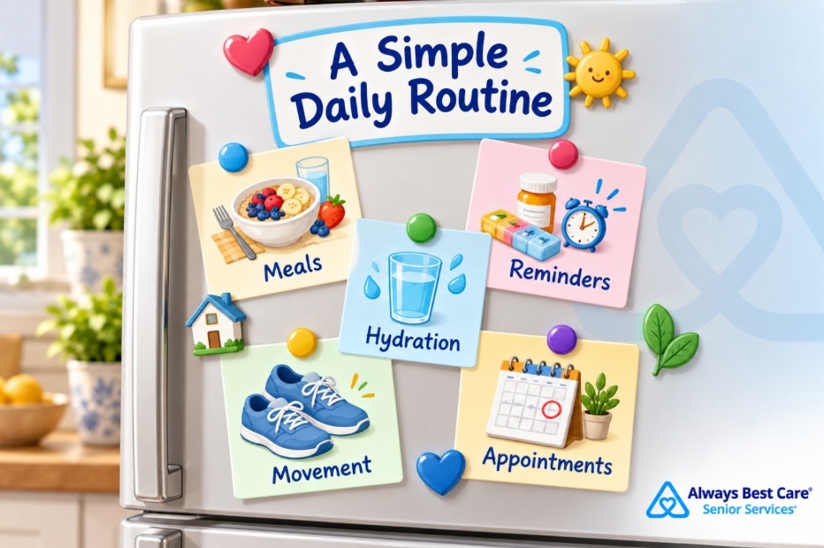 Illustrated daily routine planner for older adults living with diabetes in Cedar Valley.