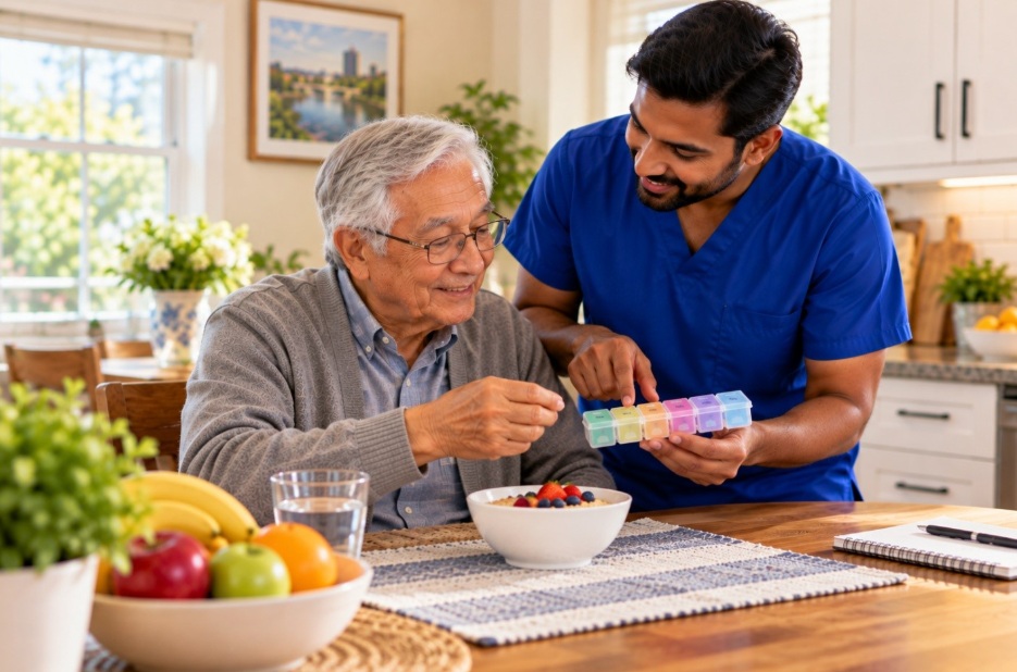 Caregiver helping an older adult maintain a familiar daily routine at home in Cedar Valley.