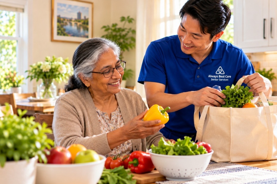 Caregiver helping an older adult organize fresh groceries and choose meal ingredients at home in Cedar Valley.