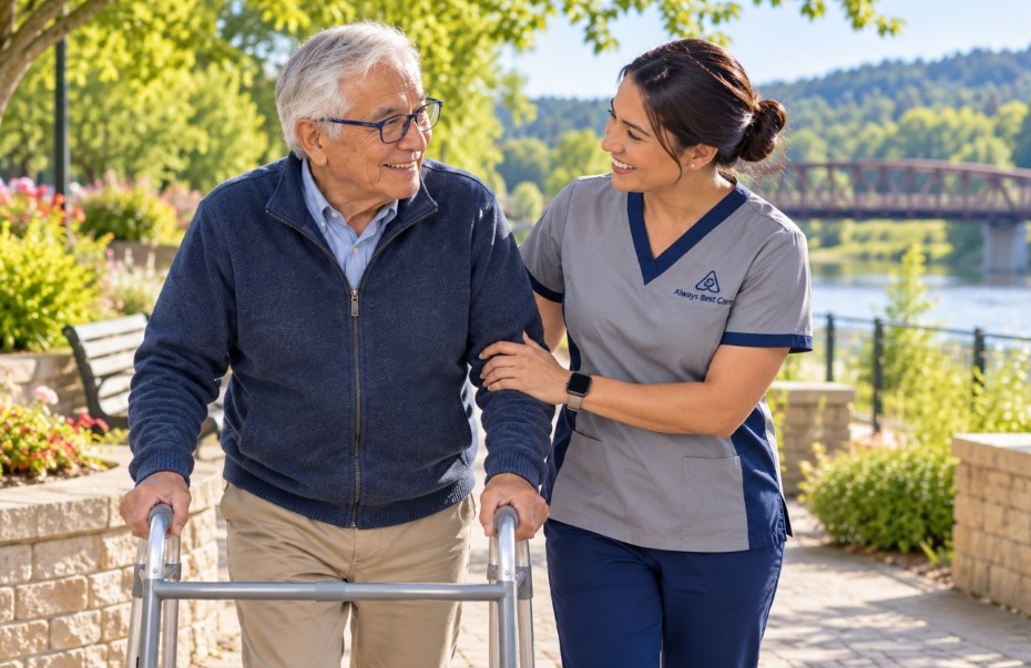 Caregiver providing mobility assistance to an older adult during recovery at Cedar Valley.
