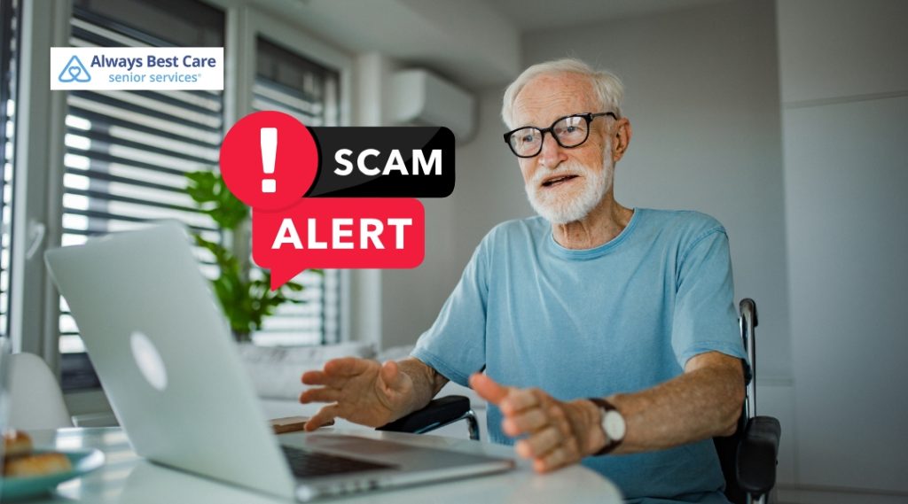 Elderly man looking alarmed at a computer screen with a scam warning.