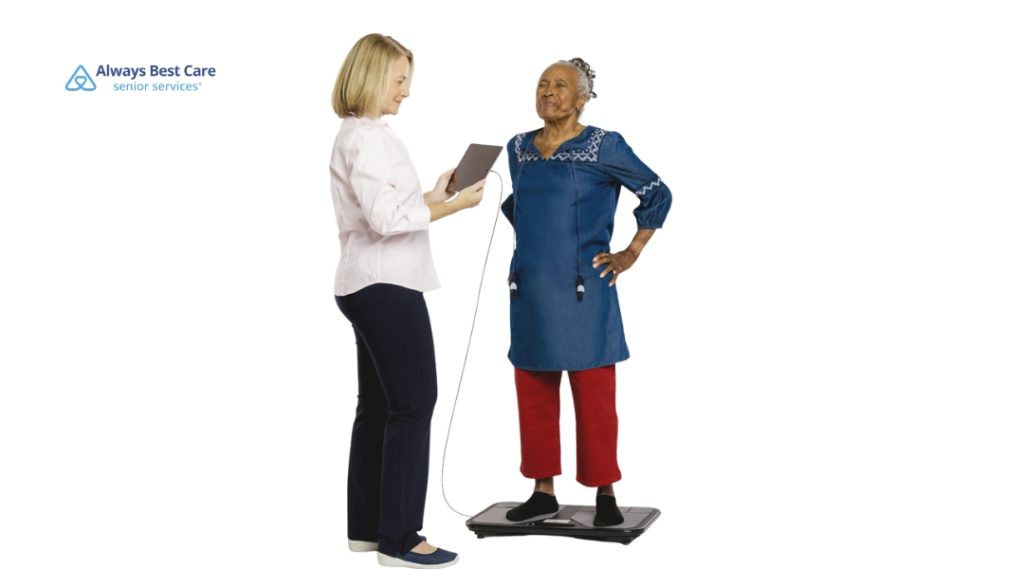 stands on a health monitoring platform during an assessment, while a professional in white attire records data on a tablet. 