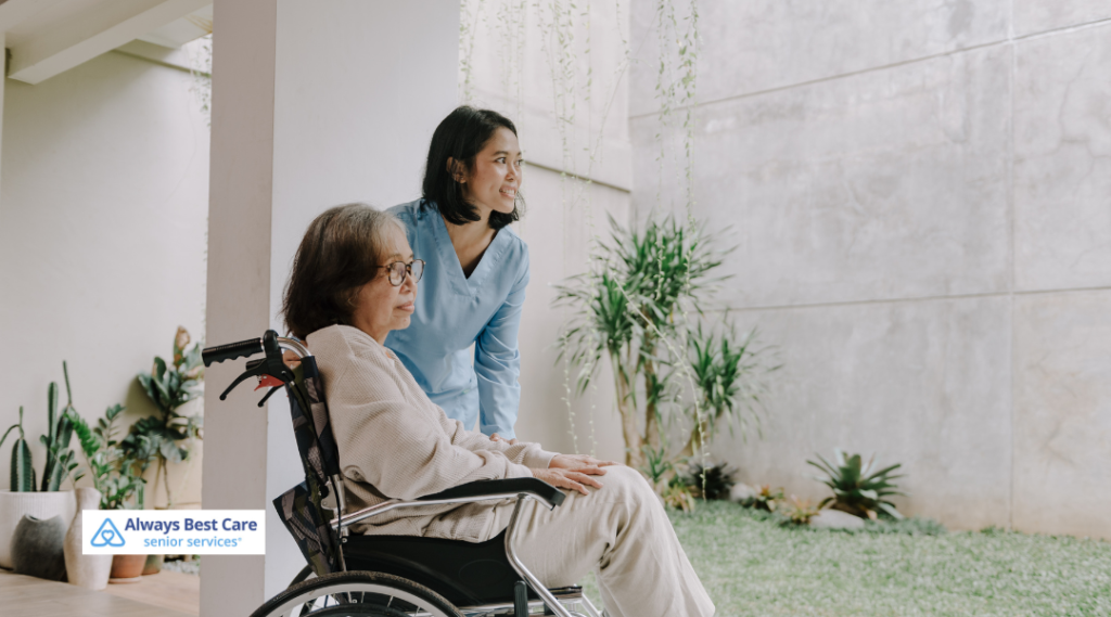A caregiver standing behind a senior woman in a wheelchair, looking out into a garden area, highlighting companionship and outdoor support.