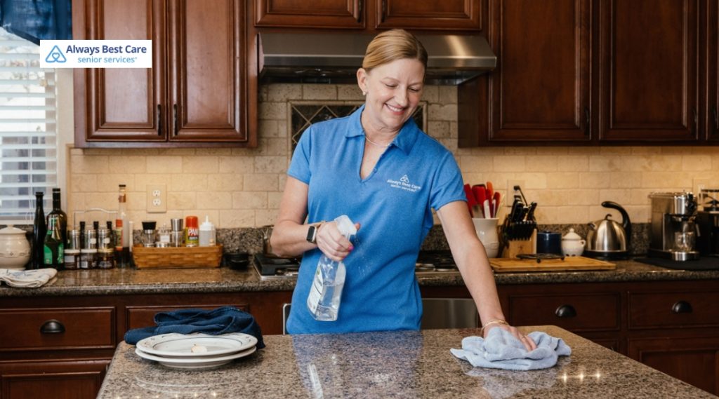 Caregiver cleaning kitchen countertop while providing in-home support for senior