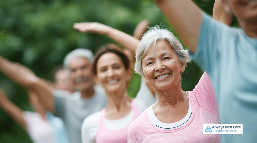 Smiling older adults participating in a light outdoor exercise class, promoting heart-healthy movement and active aging.