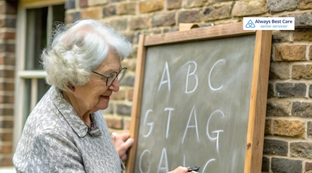 Senior woman outdoors writing on a chalkboard with large letters, participating in a cognitive activity.