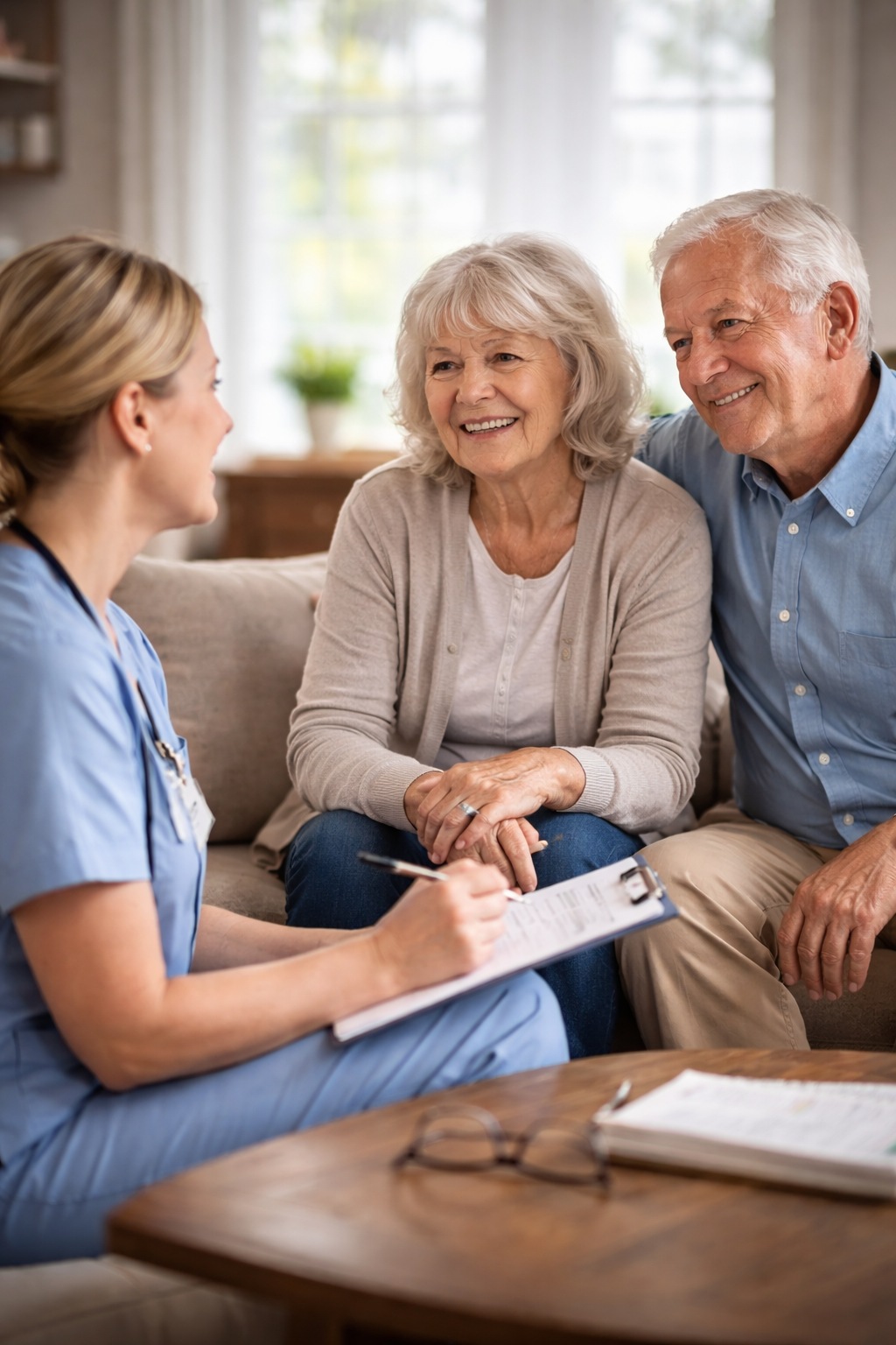 PROFESSIONAL BLUE ASH, OH HOME CARE SERVICES FOCUSED ON COMFORT AND CARE 3 BLUE ASH, OH CAREGIVER MEETS ELDERLY COUPLE IN BRIGHT LIVING ROOM