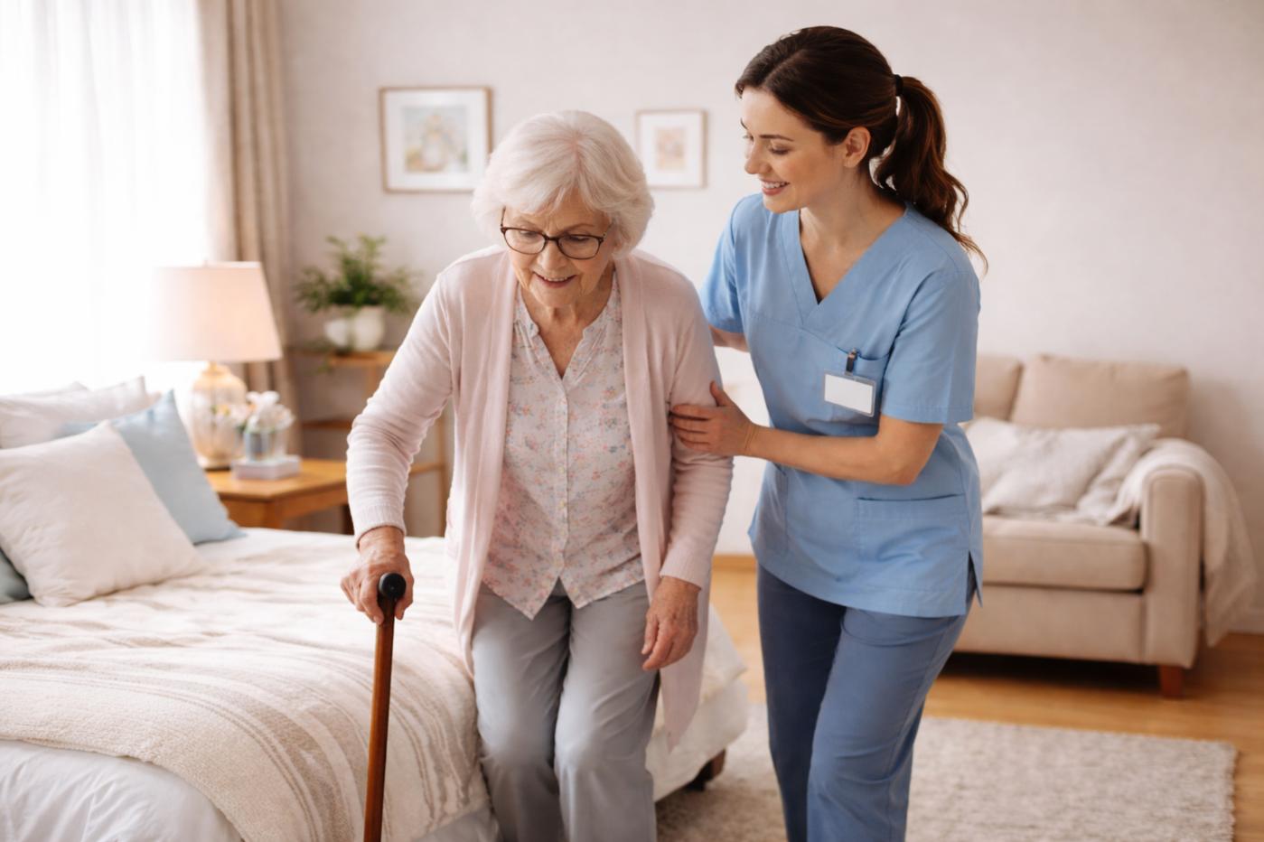 A PROFESSIONAL CAREGIVER GENTLY ASSISTS AN ELDERLY WOMAN USING A CANE AS SHE STANDS BESIDE HER BED, DEMONSTRATING SAFE MOBILITY SUPPORT THROUGH WEST CHESTER, OH HOME CARE SERVICES.