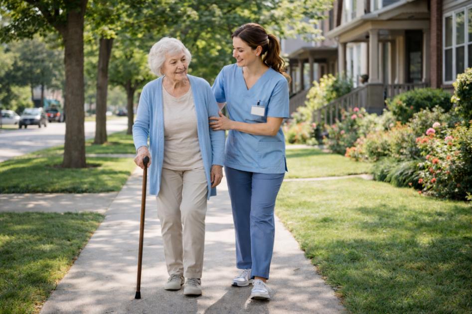A COMPASSIONATE CAREGIVER WALKS BESIDE AN ELDERLY WOMAN USING A CANE ALONG A NEIGHBORHOOD SIDEWALK, PROVIDING SAFE MOBILITY SUPPORT AND COMPANIONSHIP THROUGH WEST CHESTER, OH HOME CARE SERVICES.