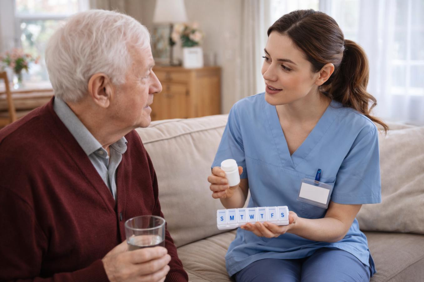 A PROFESSIONAL CAREGIVER DISCUSSES MEDICATION AND HOLDS A PILL ORGANIZER WHILE ASSISTING AN ELDERLY MAN AT HOME, DEMONSTRATING ATTENTIVE MEDICATION SUPPORT THROUGH WEST CHESTER, OH HOME CARE SERVICES.