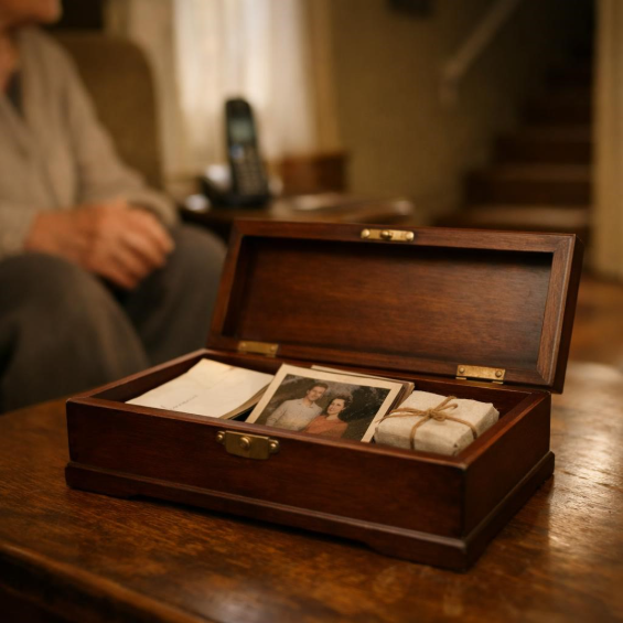 ALT TEXT: OPEN KEEPSAKE BOX WITH SORTED FAMILY PHOTOS IN AN OLDER ADULT’S QUIET LIVING ROOM.