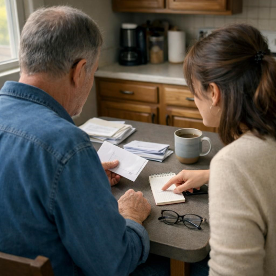 HOW KINDNESS MAKES A DIFFERENCE DURING AWARENESS MONTH 3 ALT TEXT: ADULT DAUGHTER AND OLDER FATHER MAKING A WEEKLY LIST TOGETHER AT A KITCHEN TABLE.