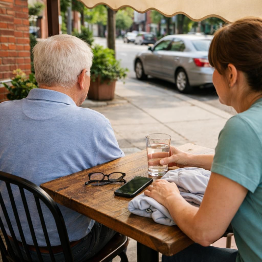 ALT TEXT: TAKING A RELAXED WATER BREAK AT A SHADED SIDEWALK CAFÉ DURING A SHORT-DAY TRIP. 