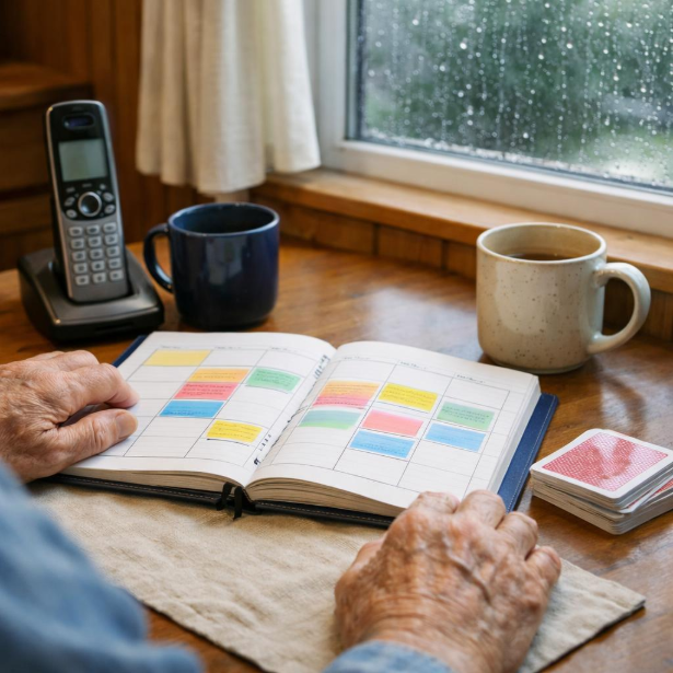 ALT TEXT: WEEKLY CONTACT CALENDAR AND PHONE ON A KITCHEN TABLE AFTER A RAINY AFTERNOON.
