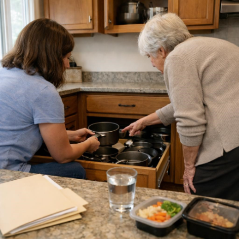 CAREGIVER HELPS AN OLDER ADULT LOWER COOKWARE FOR RECOVERY AT HOME.