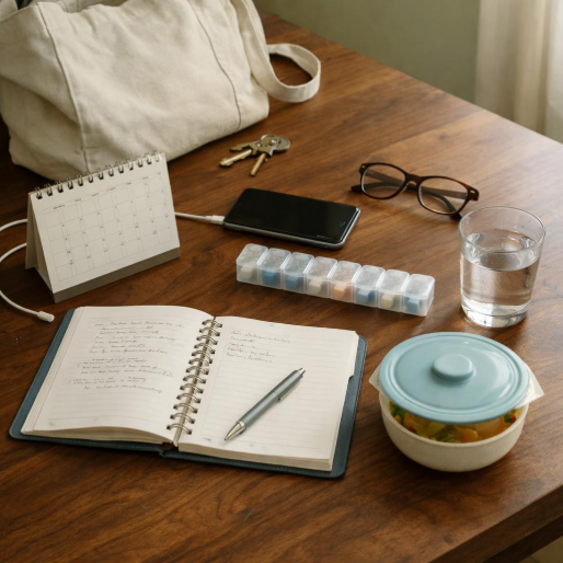 BREAST CANCER RECOVERY HOME ROUTINE PLANNING WITH MEDICATION ORGANIZER, CALENDAR, NOTES, WATER, AND MEAL.