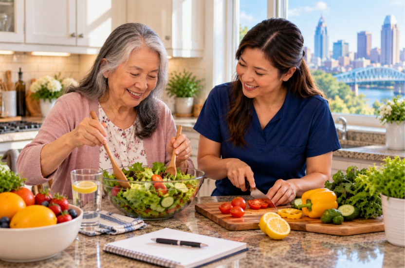 CAREGIVER HELPING AN OLDER ADULT WITH EVERYDAY ACTIVITIES AT HOME IN CINCINNATI EAST. 