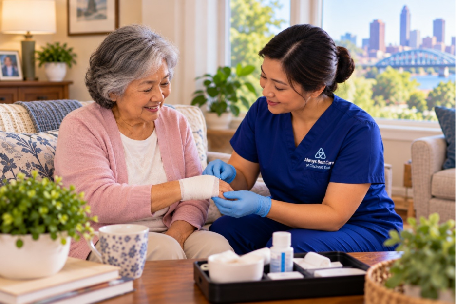 CAREGIVER PROVIDING WOUND CARE SUPPORT TO AN OLDER WOMAN RECOVERING AT HOME IN CINCINNATI EAST.