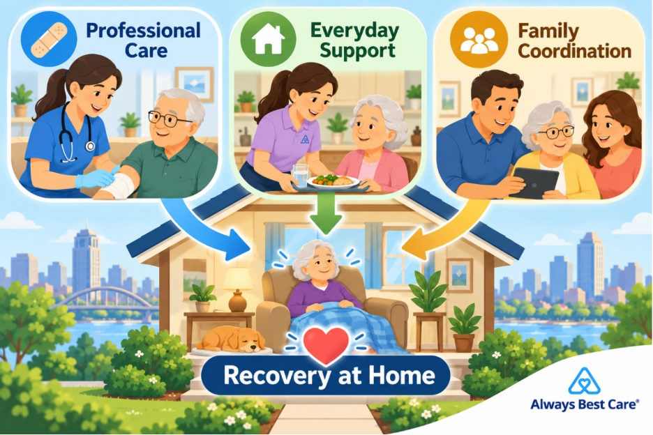 INFOGRAPHIC SHOWING PROFESSIONAL CARE, EVERYDAY SUPPORT, AND FAMILY COORDINATION WORKING TOGETHER DURING SENIOR RECOVERY AT HOME.