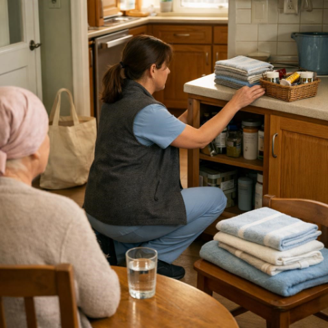 CAREGIVER ORGANIZES HOUSEHOLD ESSENTIALS AND LAUNDRY IN A HOME KITCHEN WHILE AN OLDER WOMAN RESTS AT THE TABLE DURING BREAST CANCER TREATMENT.
