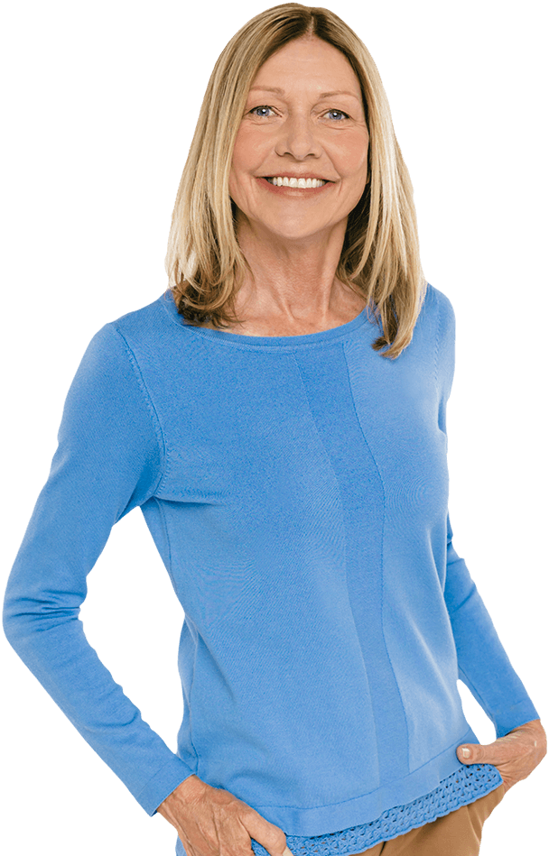 CAREGIVER WOMAN IN BLUE UNIFORM SMILING