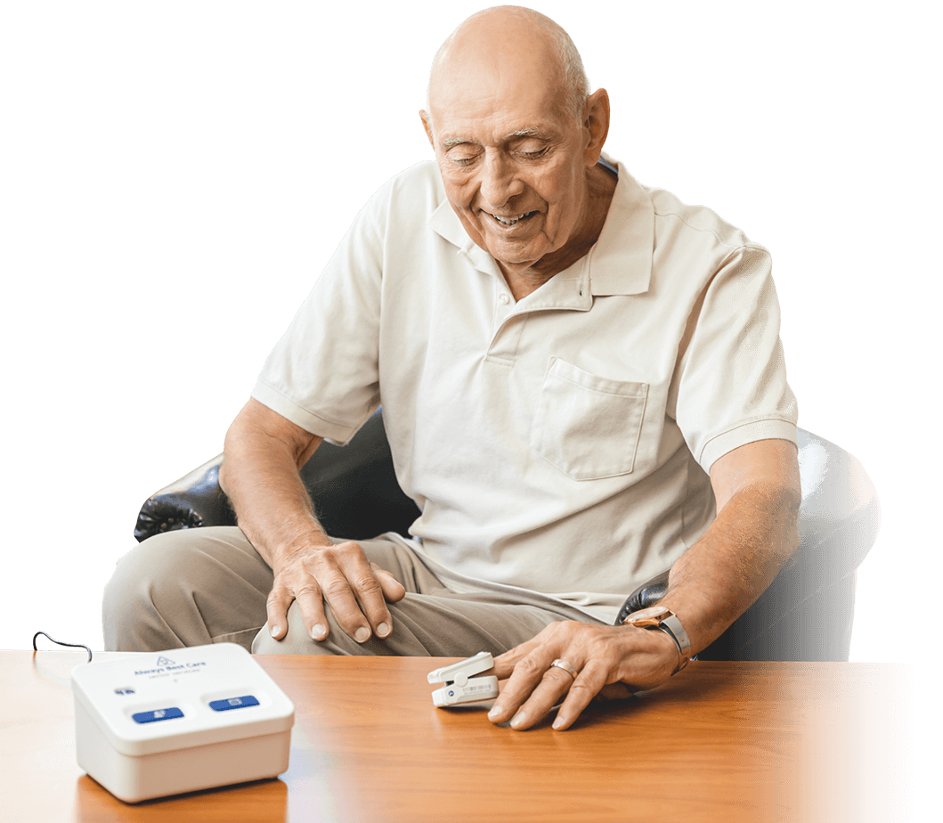 SENIOR MALE CHECKING HEALTH STATS BY FINGER
