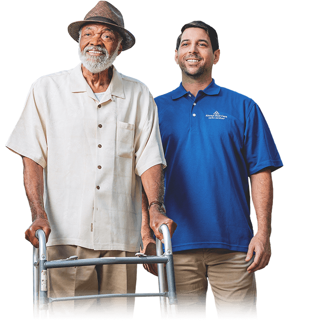 CAREGIVER WITH SENIOR MAN SMILING