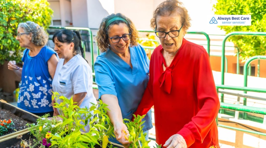 A caregiver in a blue uniform is guiding a senior woman in a gardening activity, both smiling and enjoying the outdoor task. There are other caregivers and seniors visible in the background, participating in the activity.