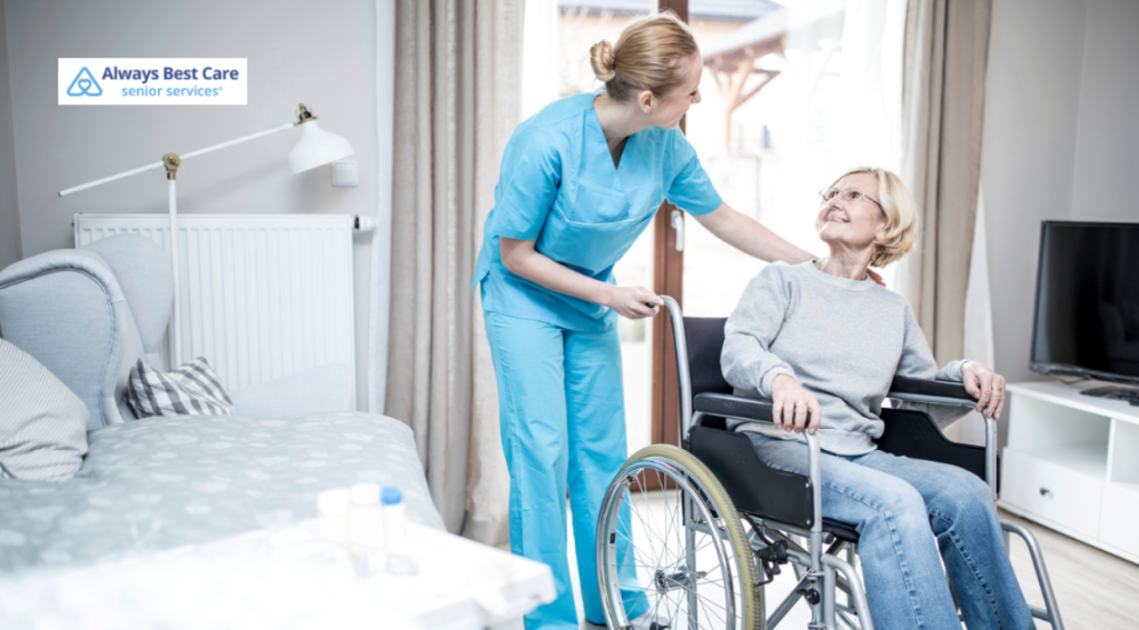 A compassionate caregiver assists a senior woman in a wheelchair, ensuring comfort and safety during personal care at home, provided by Always Best Care of Nashville.