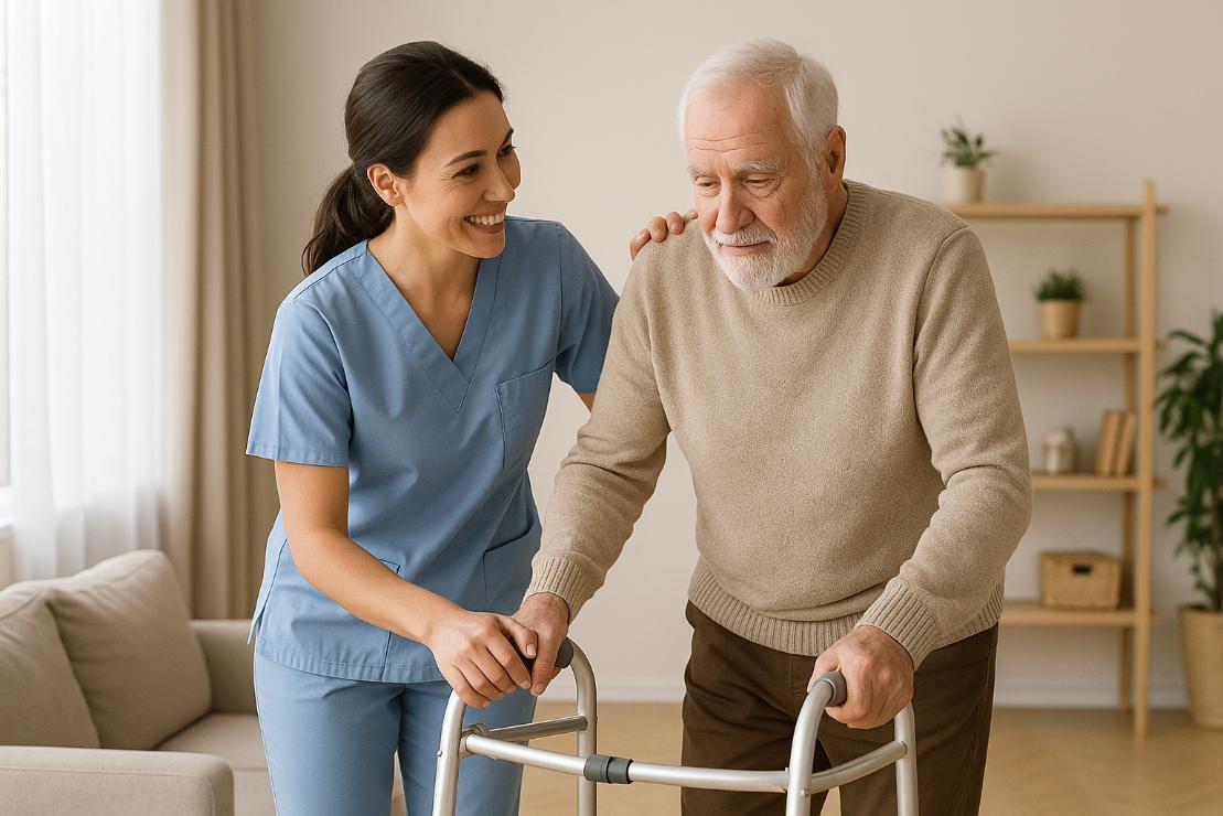 Caregiver guiding a senior man through mobility exercises with a walker, symbolizing quality home care Katy, TX.