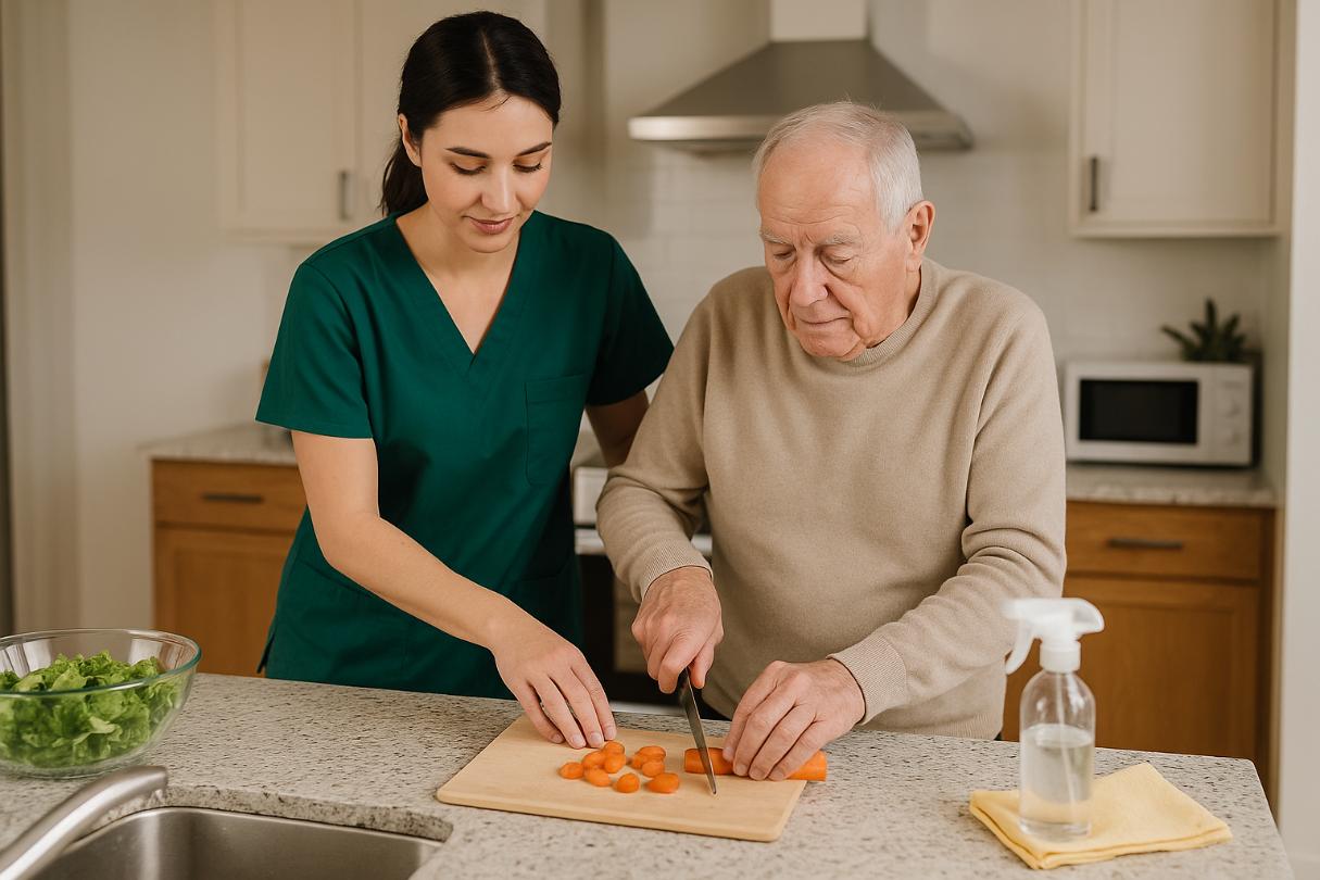 Caregiver helping an elderly man chop vegetables in a kitchen, representing supportive home care Katy, TX.