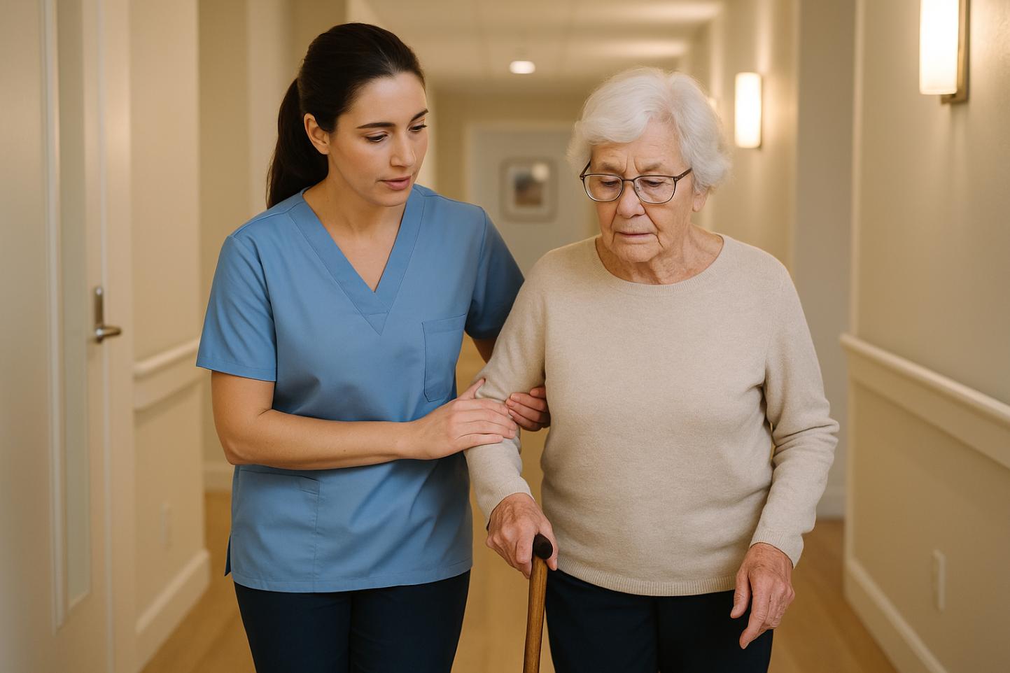 Caregiver supporting an elderly woman walking with a cane in a hallway, representing compassionate home care Katy, TX.