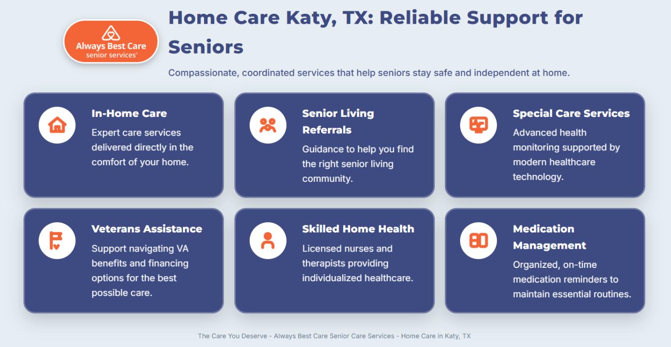 Always Best Care infographic showing services offered for senior home care Katy, TX.