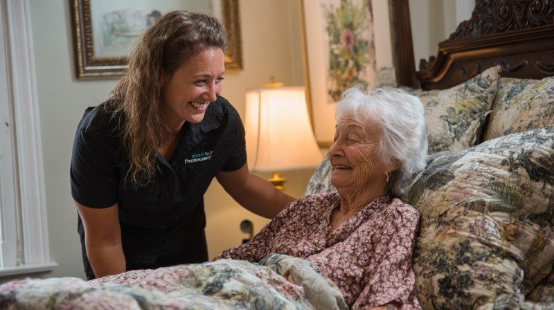 caregiver smiling and comforting an elderly woman resting in bed, showcasing compassionate senior care sugar land, tx