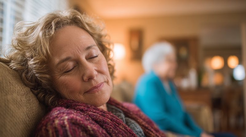 woman resting on a sofa with an elderly family member in the background, illustrating the need for supportive senior care sugar land, tx