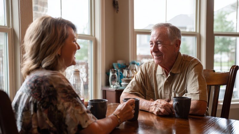 senior man sharing coffee and conversation with a caregiver at a bright kitchen table, reflecting supportive senior care sugar land, tx