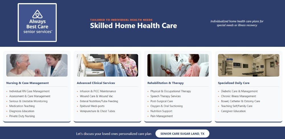 infographic showcasing skilled nursing, clinical services, rehabilitation, and daily care support offered through senior care sugar land, tx