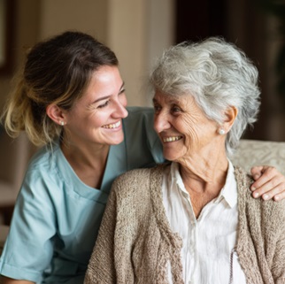 Caregiver and senior woman sharing a warm moment indoors, reflecting compassionate and specialized home care in Katy, TX focused on comfort and companionship.