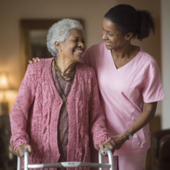Caregiver warmly assisting a senior woman at home, reflecting compassionate and dependable home care in Houston, TX.