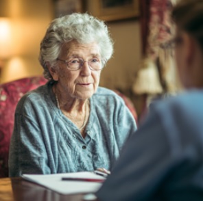 Senior woman engaged in thoughtful conversation, reflecting attentive senior care in Sugar Land, TX focused on connection and daily enrichment.